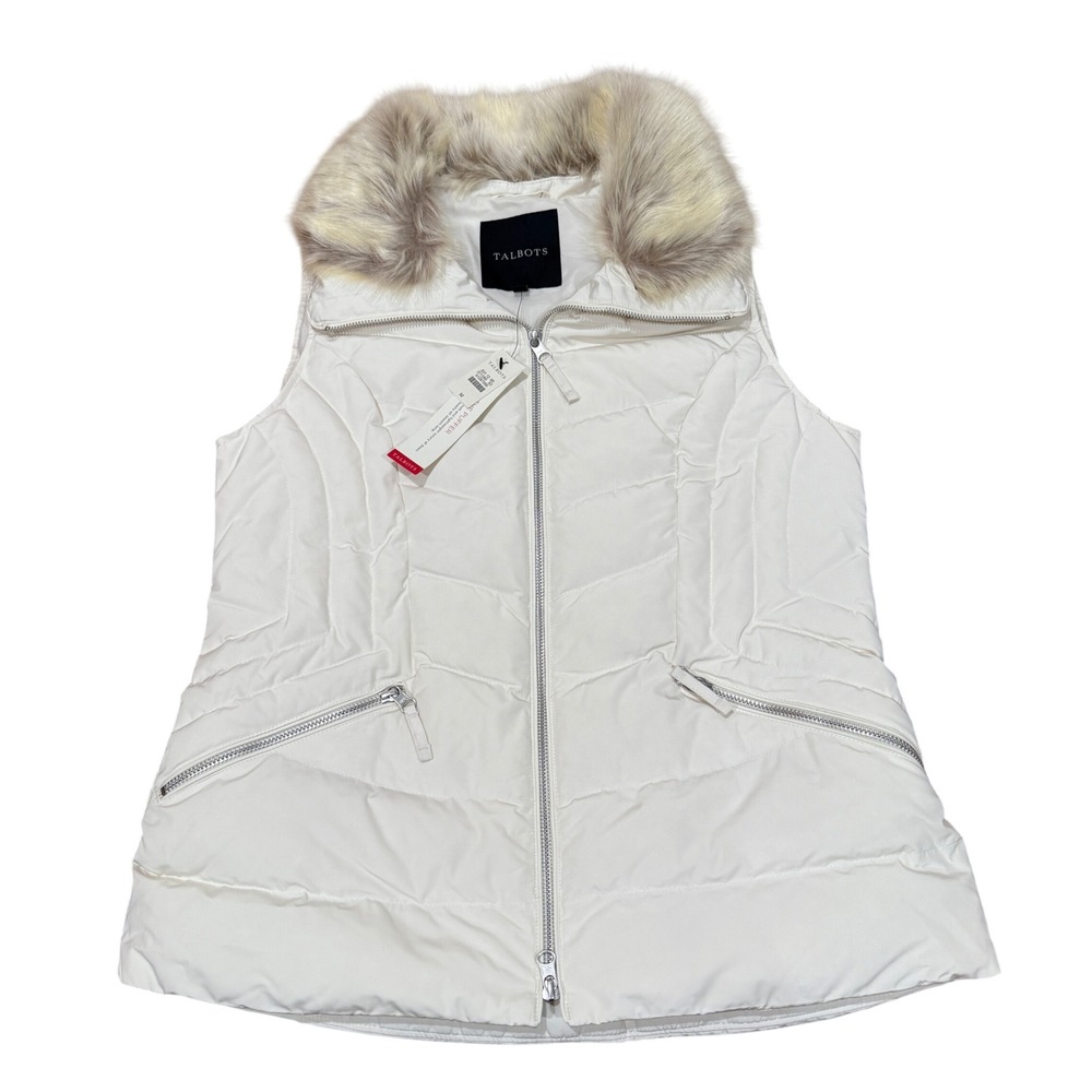 Talbots Women Cream Down Filled Quilted Puffer‎ Vest Faux Fur Collar Medium NWT